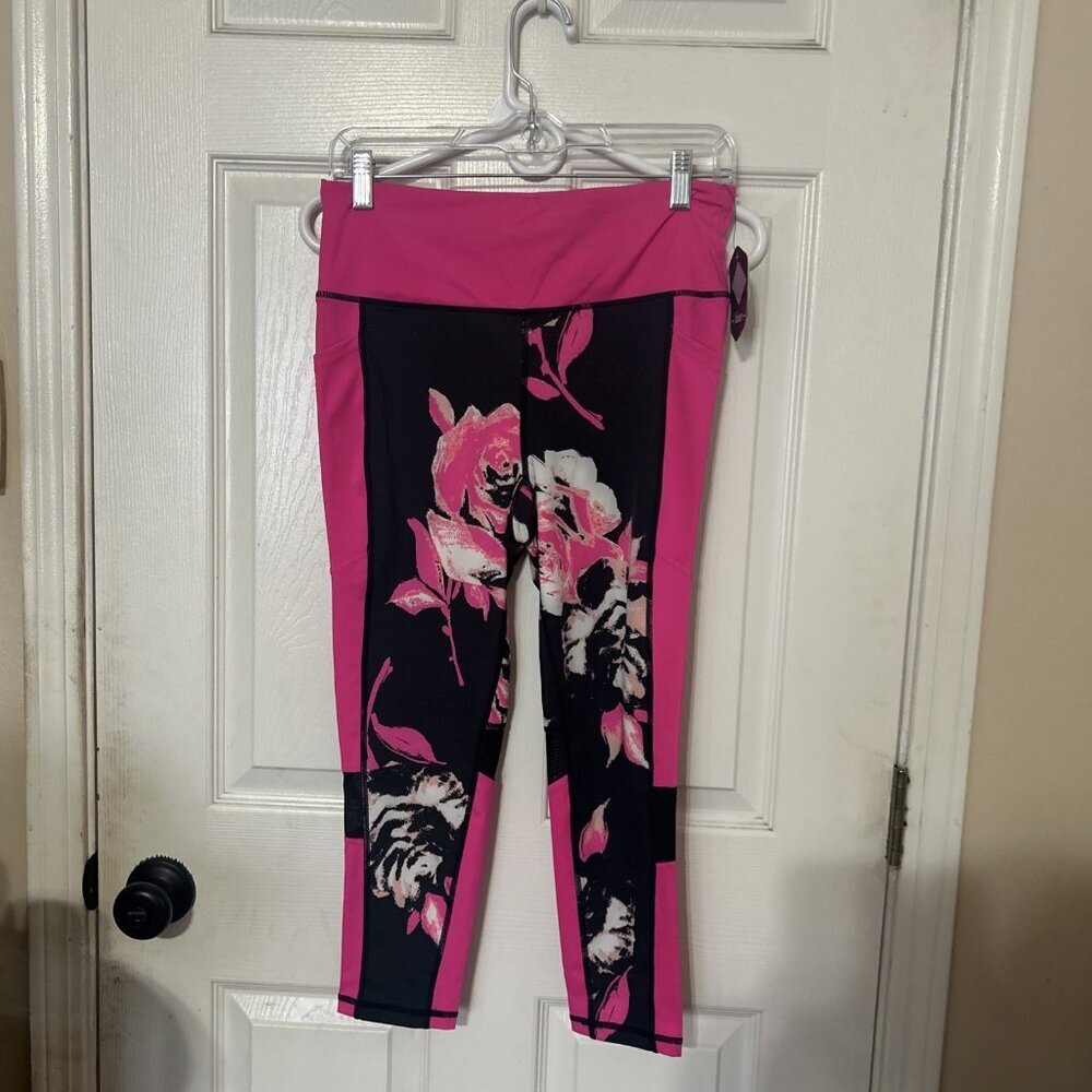 Lularoe Fearless Crop Fitness‎ Athletic Leggings Large Black Pink Rose Print
